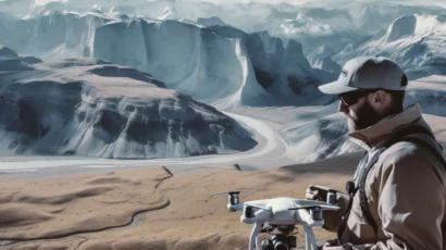 Drone Pilot Flying near a Glacier